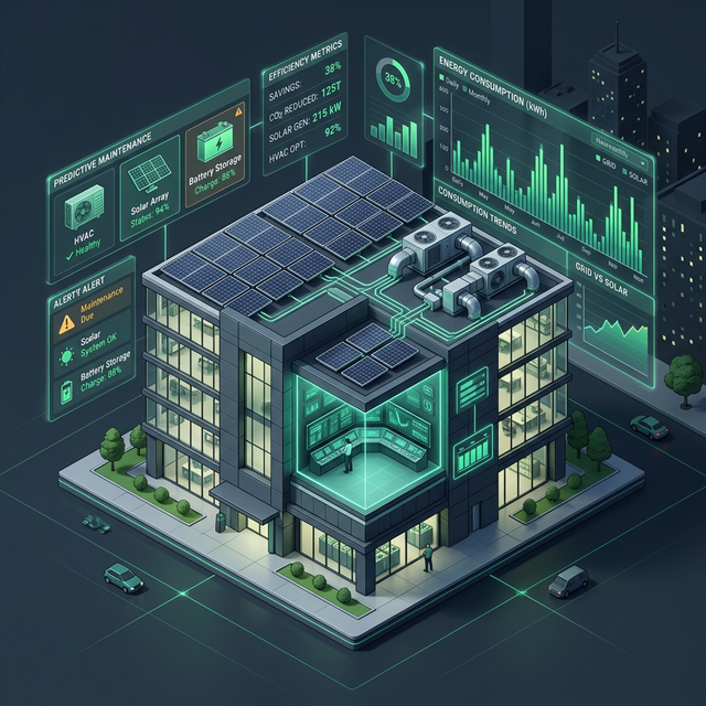 A building that has HVAC, Solar and Battery systems is monitored through a custom-built web application integrating the data through IoT sensors